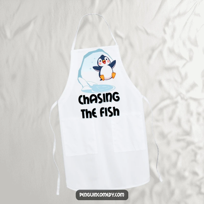 Funny Penguin Jumping Apron: A joyful penguin leaps near an ice hole, bringing adorable arctic humor to the kitchen.