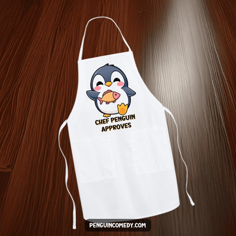 Funny apron with a delighted penguin proudly holding a fish icon, great for kitchen fun.