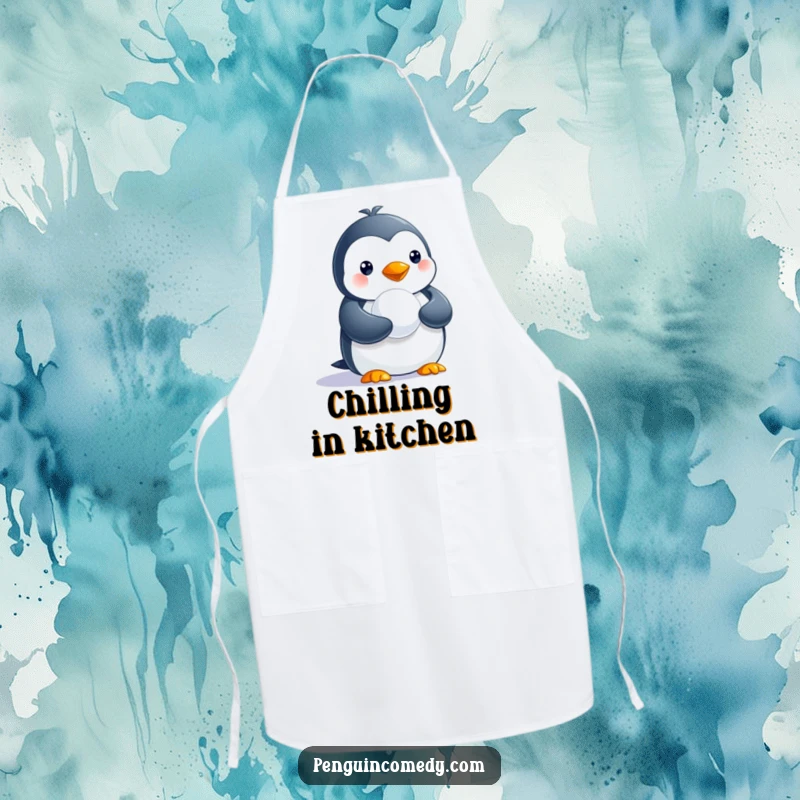Funny apron showing a penguin with a tiny snowball, perfect for adding humor to kitchen tasks.