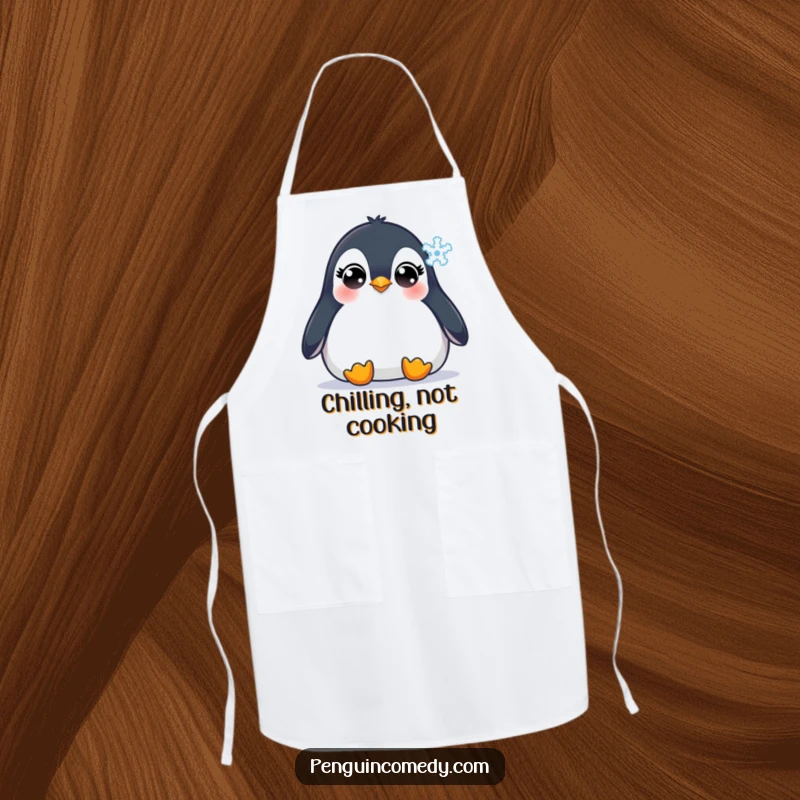 Funny Penguin Apron: A cheerful penguin with innocent eyes watching a snowflake, making kitchen tasks fun and festive for winter cooks.