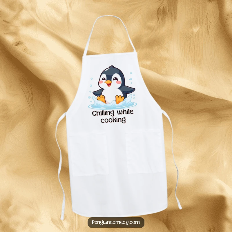 Funny apron showing a penguin with a wide smile making a refreshing splash while playing in icy water.