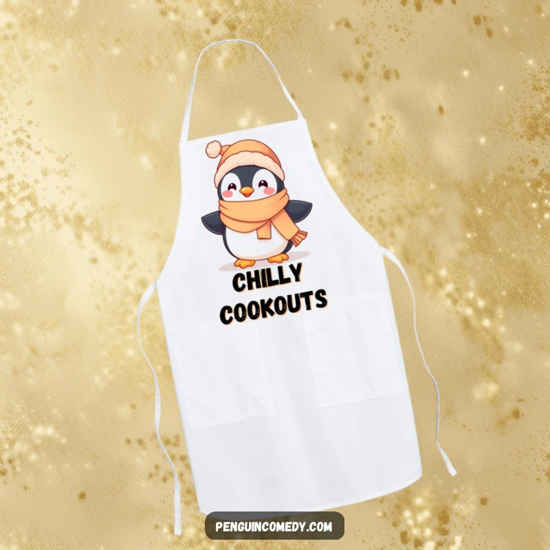 Funny apron featuring a cute penguin wearing a scarf and hat, waddling happily, perfect for kitchen use.