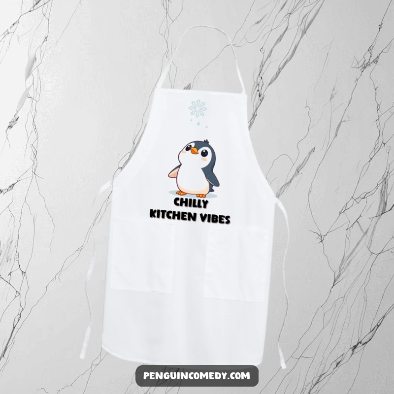 Funny Apron: A curious penguin character looking up at a falling snowflake, adding winter charm to cooking.