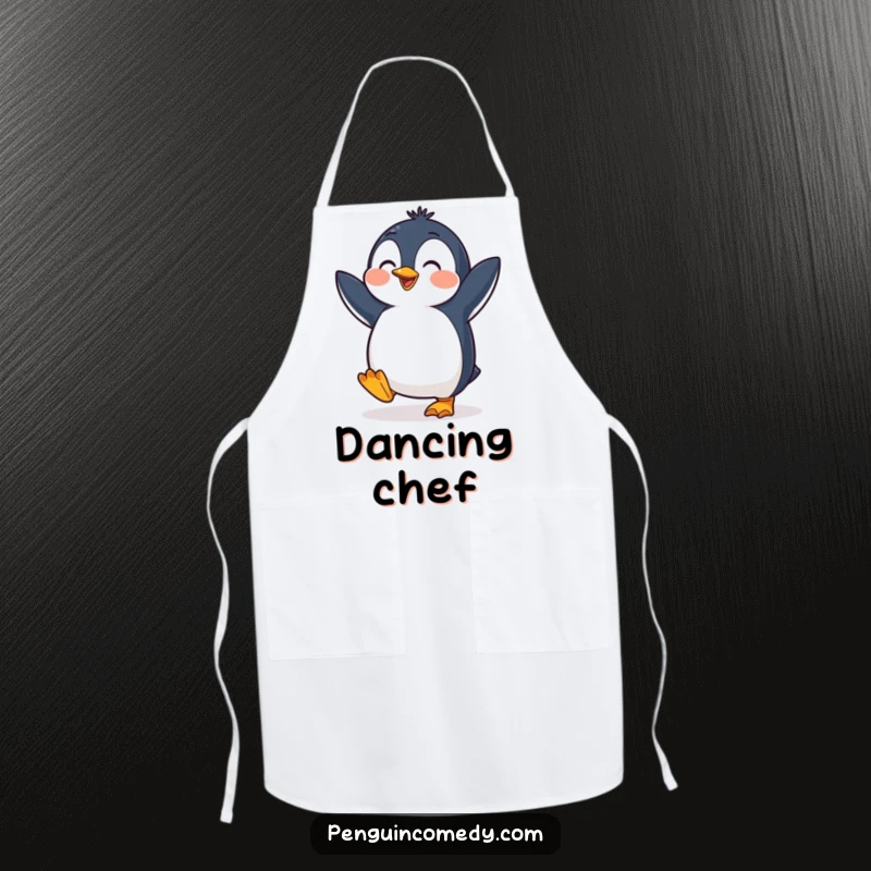 Funny penguin apron featuring a cheerful bird dancing while cooking, adding a humorous and delightful touch to kitchen chores.