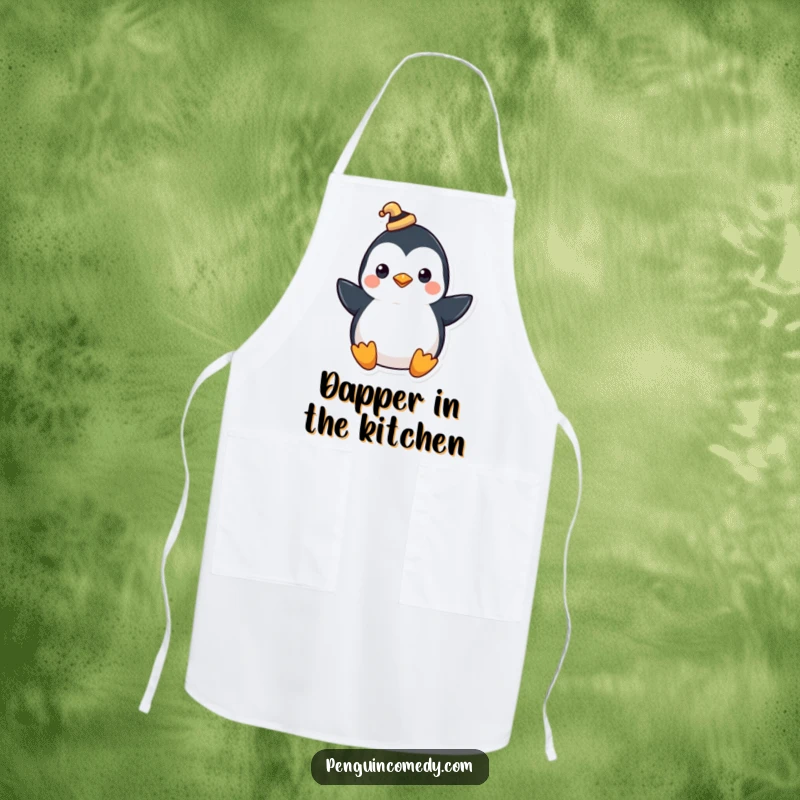 Funny apron with a penguin wearing a tiny hat, tipping it with a flourish, adding a touch of class.