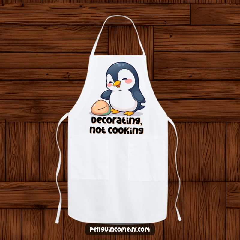 Funny penguin apron showing a playful penguin nudging a colorful pebble with its beak, adding hilarious charm to kitchen tasks.
