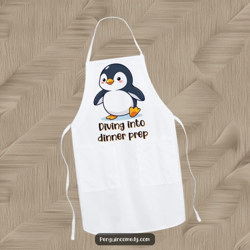 Funny penguin apron showing a penguin in an alert stance, ready to dive, adding hilarious motivation to kitchen tasks.