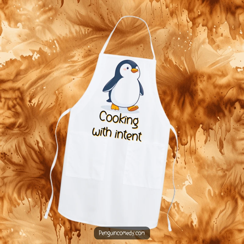 Funny Determined Penguin Apron: Embodying purpose, a penguin waddles determinedly across snow, ready to protect you in the kitchen.