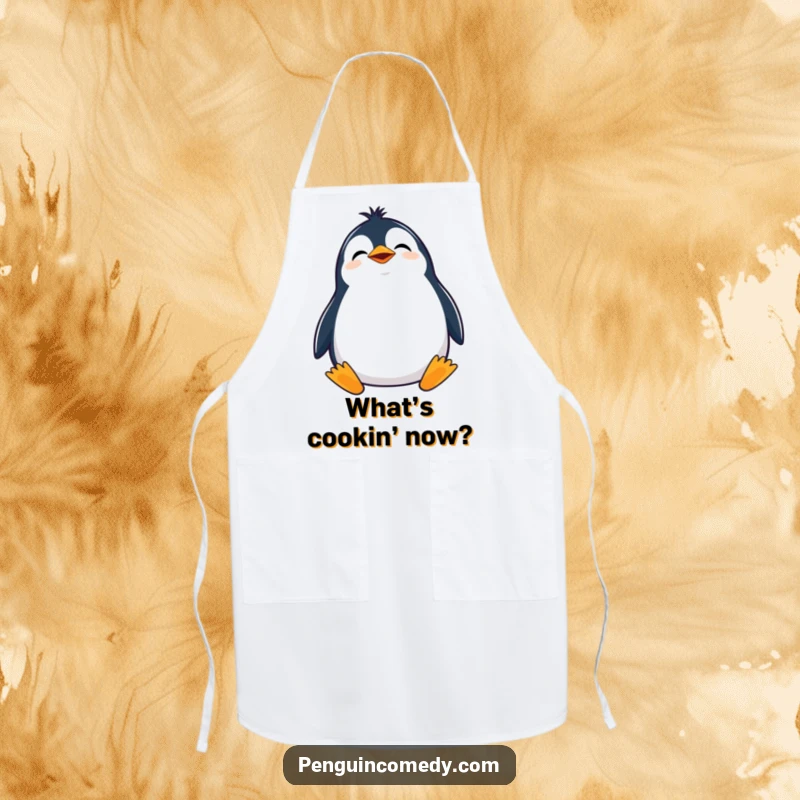 Funny apron with a giggling penguin tilting its head, looking curiously upwards, ideal for kitchen adventures.