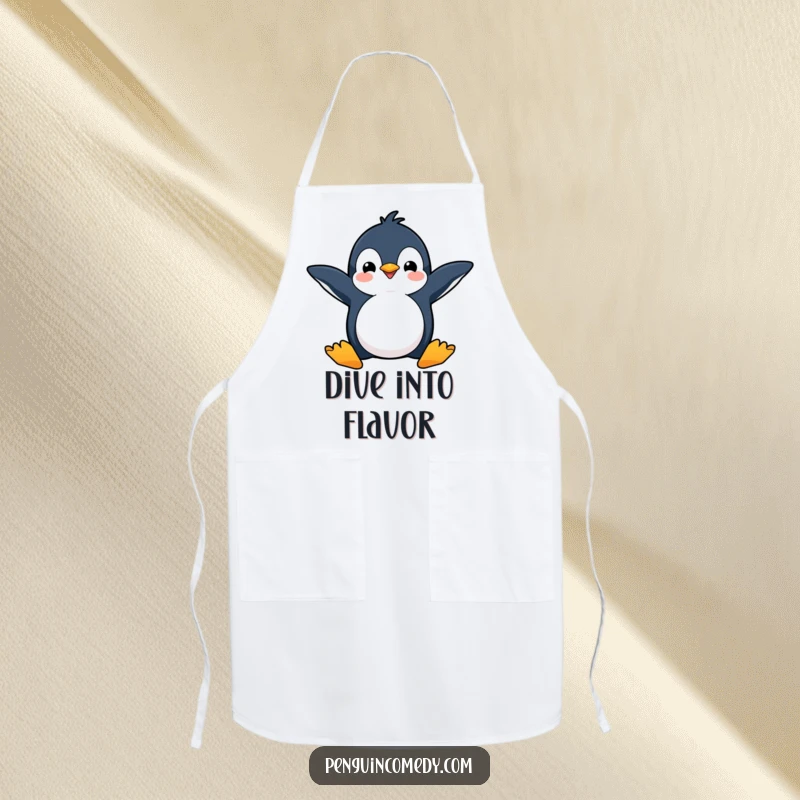 Funny apron with a happy penguin, flippers spread wide, ready to dive, ideal for energetic cooking.