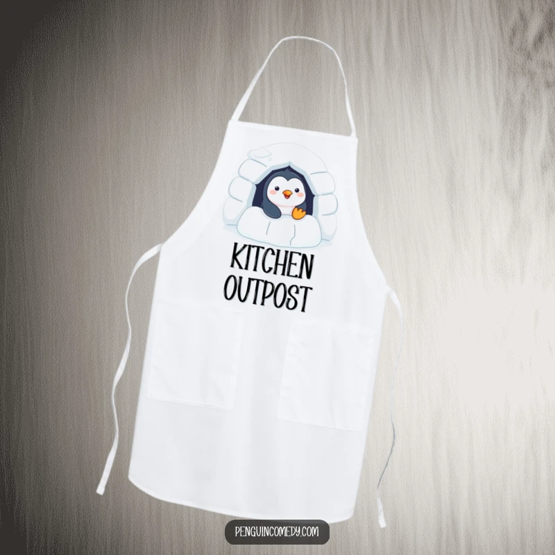 Funny Penguin Apron showing a cheerful penguin peeking from an igloo, for a fun cook.