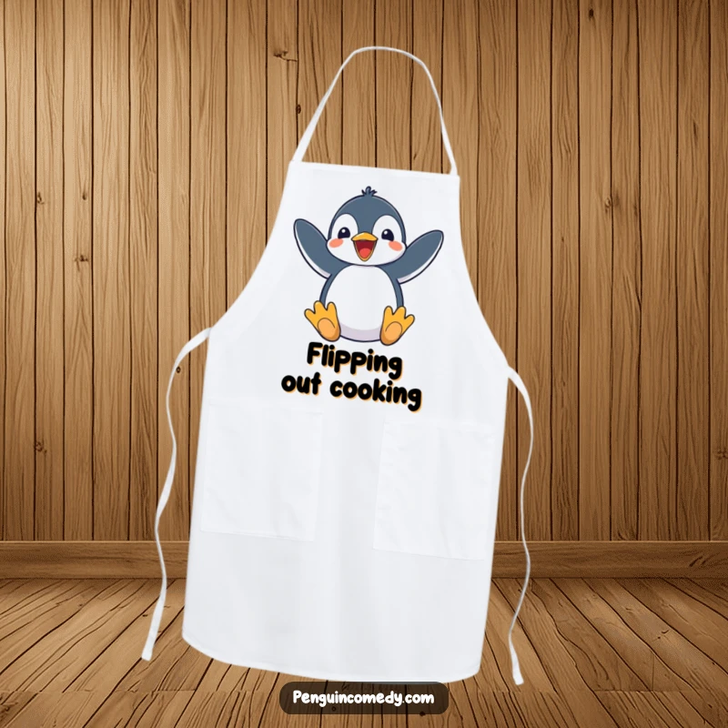 Funny Penguin Apron showing an excited penguin flapping its flippers, for a joyous cook.