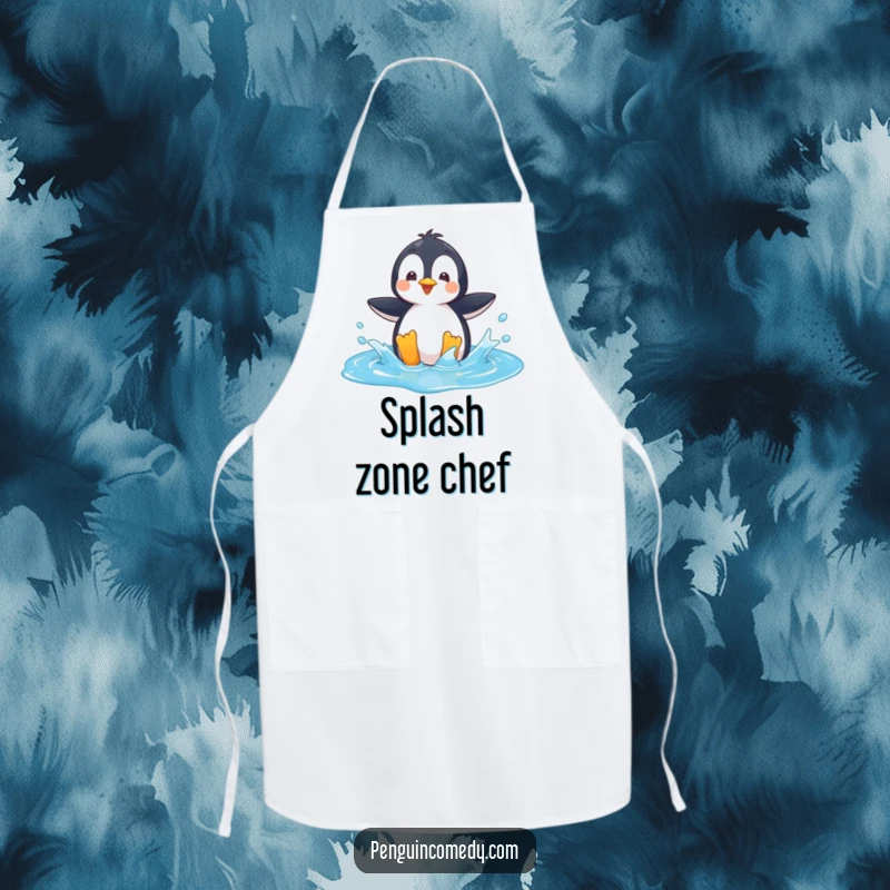 Funny Apron: A playful penguin character splashing in a bright blue puddle, ready for kitchen fun.