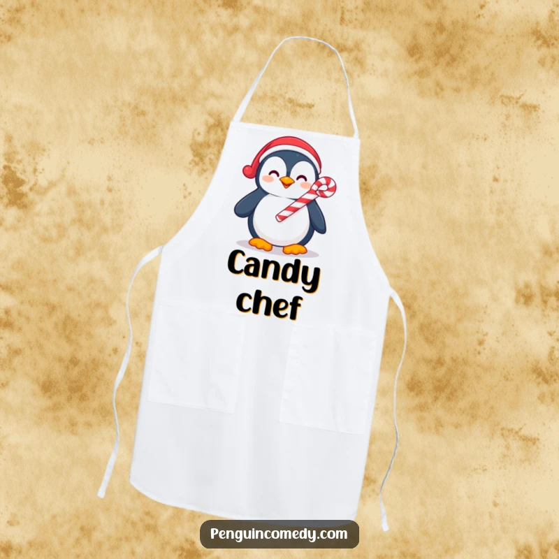 Funny apron with a smiling penguin holding a candy cane, perfect for adding humor to holiday cooking and baking.