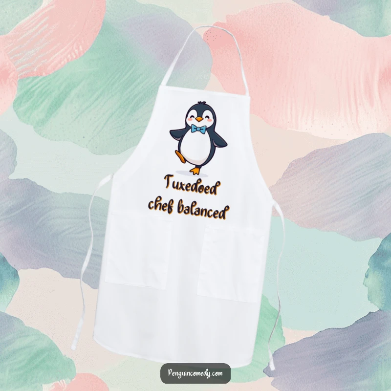 Funny apron design of a penguin wearing a bow tie and balancing, adding stylish humor to the kitchen.
