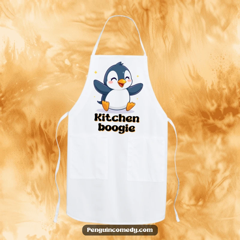 Funny apron with a penguin dancing with glee and a chef's hat, perfect for adding humor to cooking and baking.