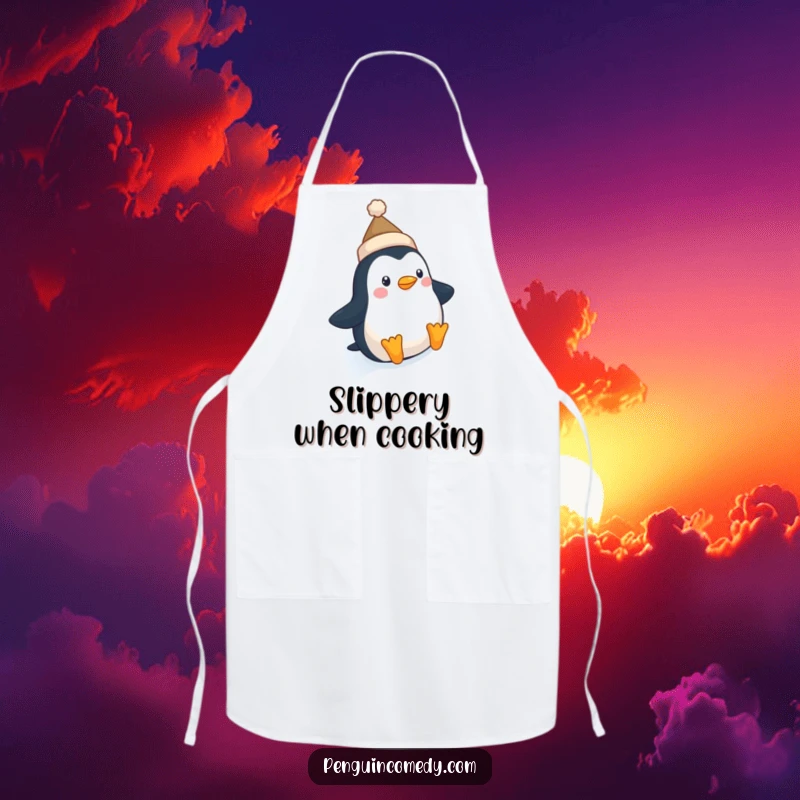 Funny Penguin Hat Apron: A cute penguin wearing a tiny hat slides down an icy slope, bringing winter cheer to the kitchen.