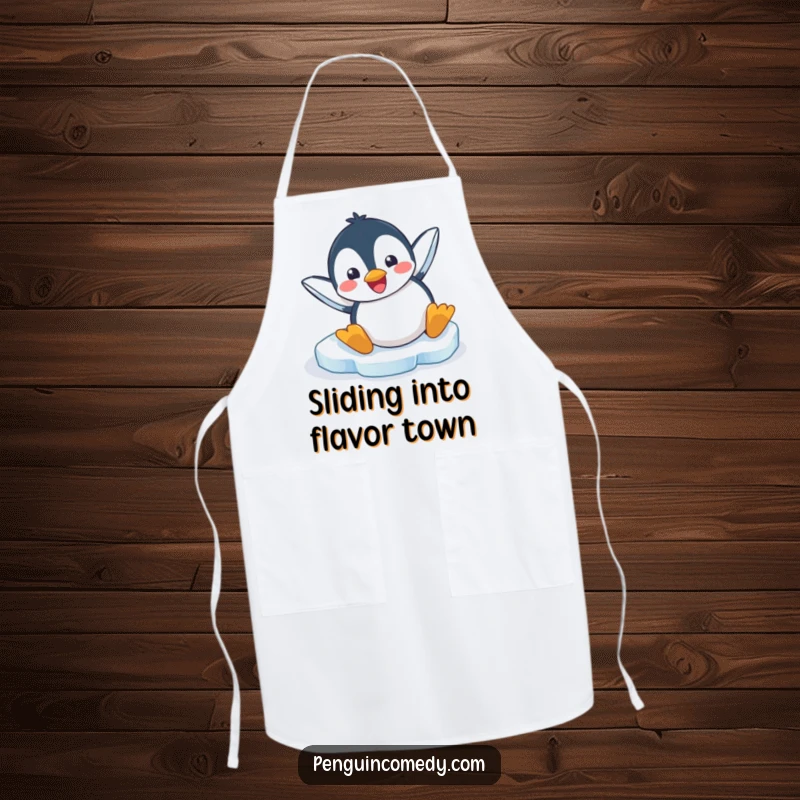 Funny apron featuring a penguin gleefully sliding headfirst on ice, ready for kitchen duty with a smile.