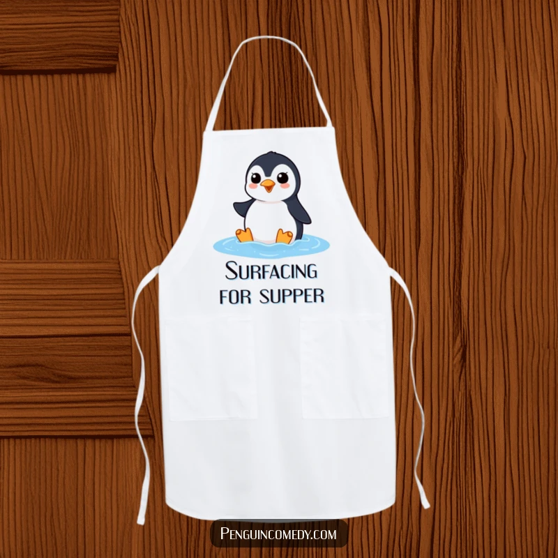 Funny penguin apron showing an excited penguin squawking as it surfaces from the ocean, adding hilarious cheer to kitchen tasks.