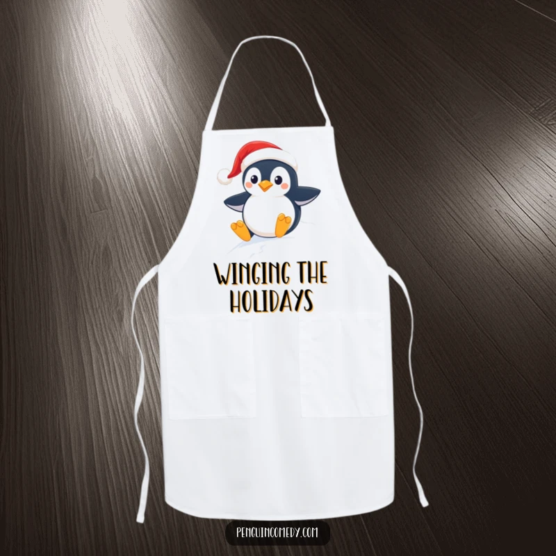 Funny chef's apron featuring a penguin in a Santa hat gleefully sliding down a snowy slope during Christmas.