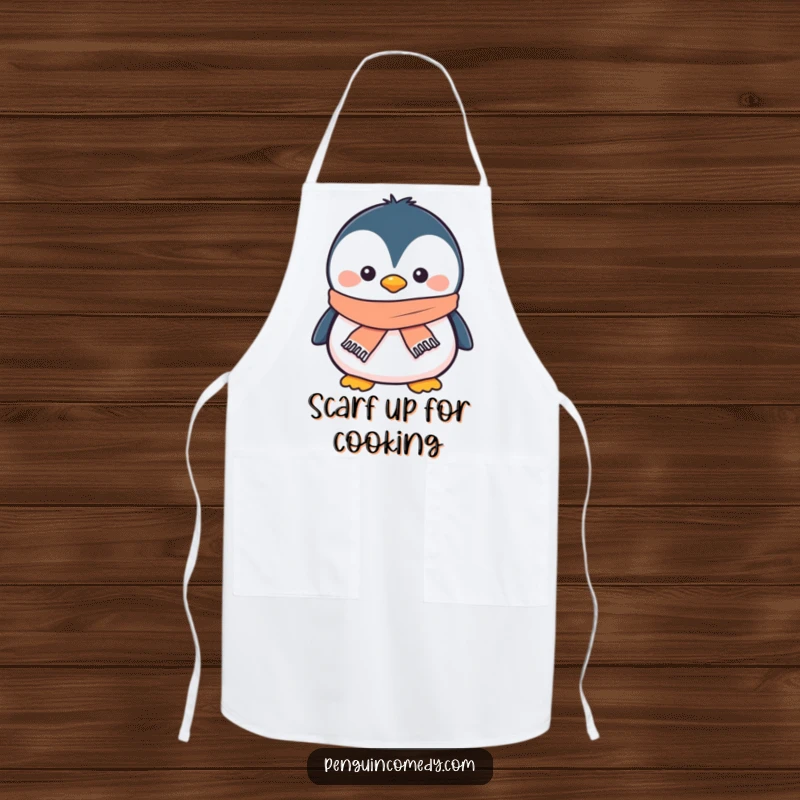 Funny penguin apron showing a smiling penguin wearing a tiny scarf, adding cozy winter humor to cooking.