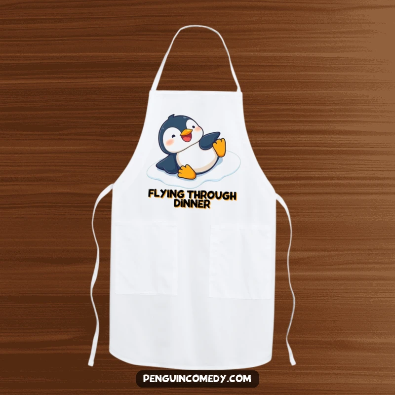 Funny apron featuring a giggling penguin sliding on its belly down an icy slope, perfect for kitchen use.