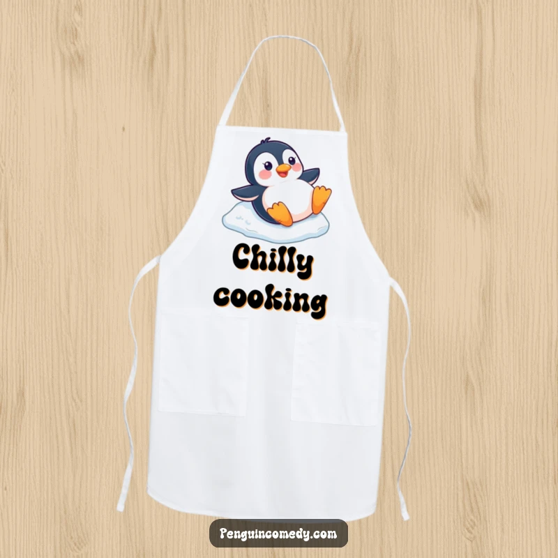 Funny happy penguin sliding down a small ice slope on its belly, worn on a fun winter kitchen apron.