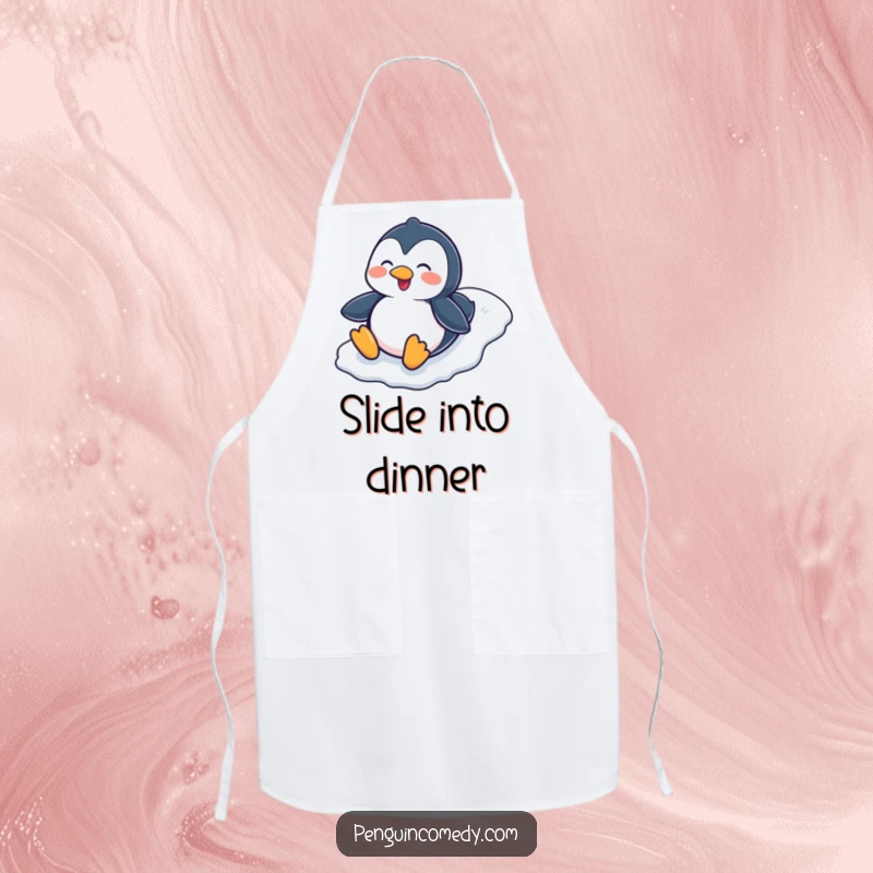 Funny Penguin Sliding Down Icy Hill Apron, a humorous kitchen accessory featuring a happy penguin engaged in a thrilling ice slide.