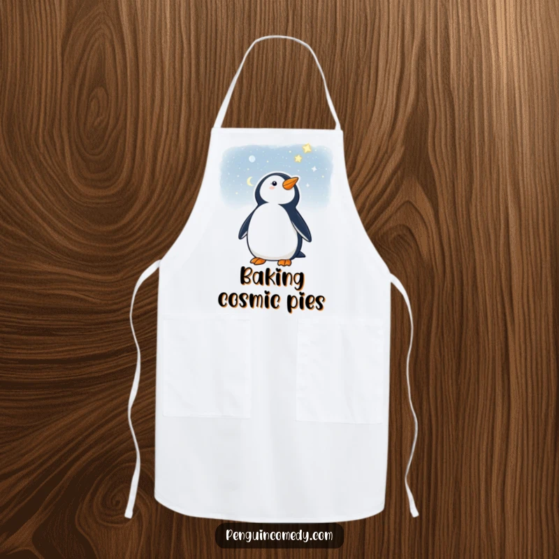 Funny apron featuring a penguin gazing at a starry night, adding celestial humor to cooking.
