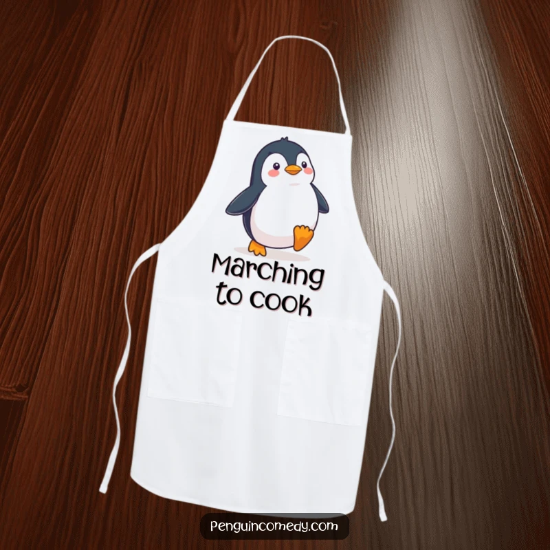 Funny Penguin Waddling Determinedly Apron, a humorous kitchen garment with a penguin character walking with conviction, suitable for focused cooks.