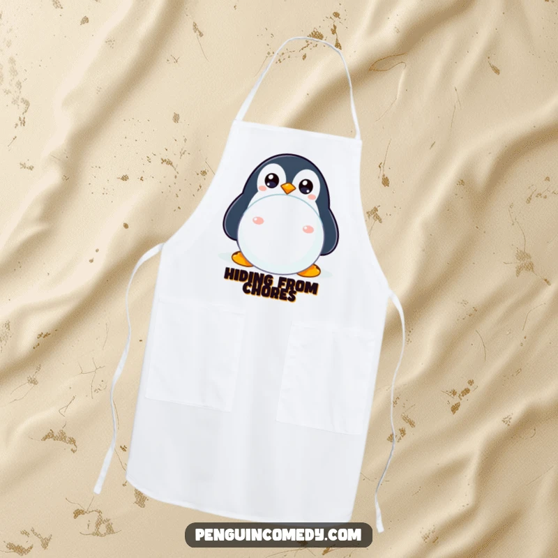 Funny apron design of a shy penguin peeking from behind a snowball, perfect for kitchen humor.