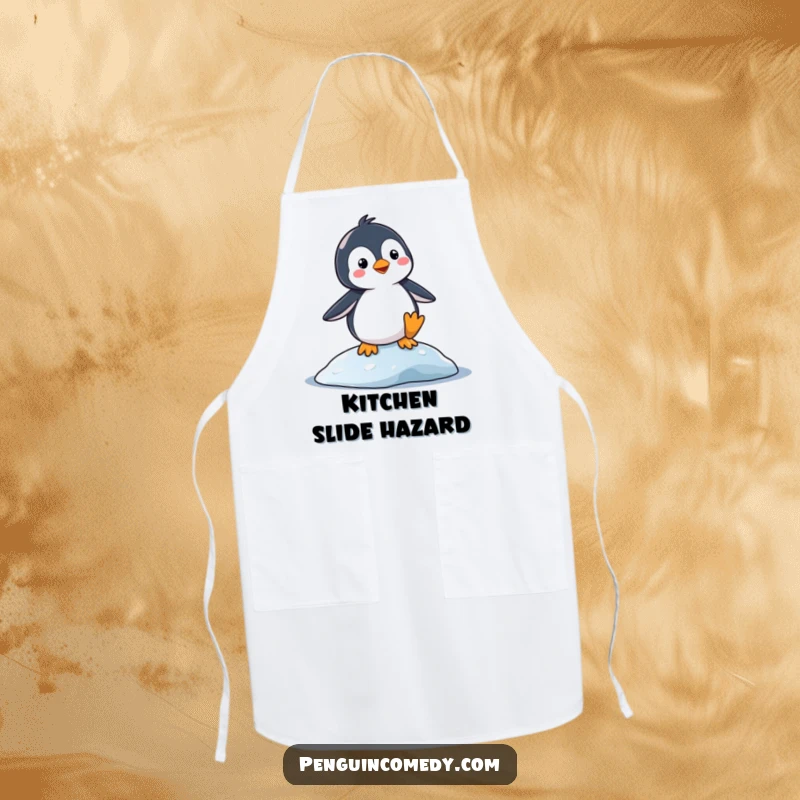 Funny Apron: A silly penguin balancing precariously on a slippery surface. Humorous and practical kitchen wear for silly cooks.