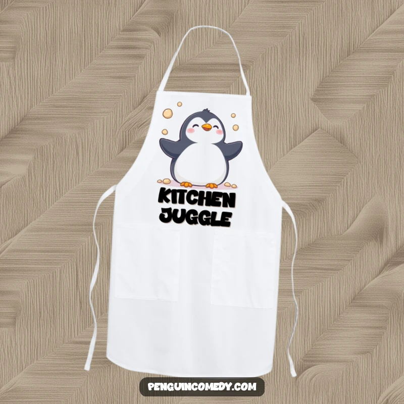 Funny apron with a cheerful penguin wearing a chef's hat, juggling pebbles, perfect for adding humor to cooking and baking.