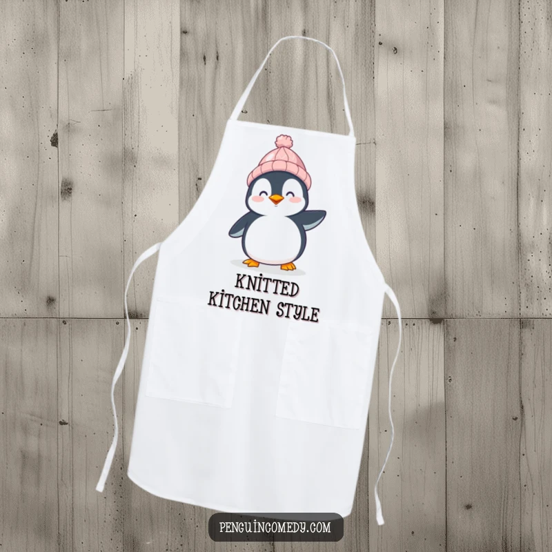 Funny Penguin Kitchen Apron: A happy penguin wearing a hat waddles cheerfully, bringing joy to cooking, a practical and funny gift.
