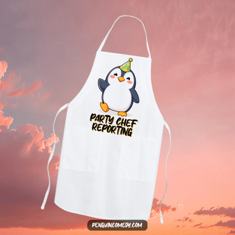 Funny cute penguin with a party hat, waddling joyfully, on a kitchen apron, perfect for a funny gift.