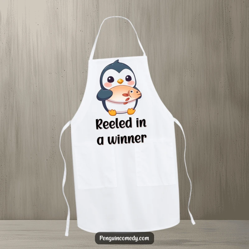 Funny apron design of a surprised penguin holding a fish, perfect for kitchen humor and gifting.