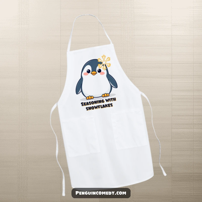 Funny apron showcasing a curious penguin observing a snowflake, adding a charming touch to kitchen wear.