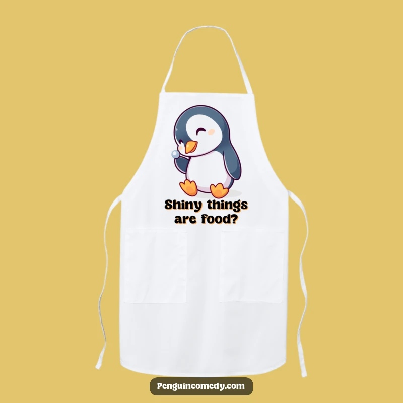 Funny Penguin Apron: Curious Chef Admiring Shiny Object, Kitchen Humor Gift