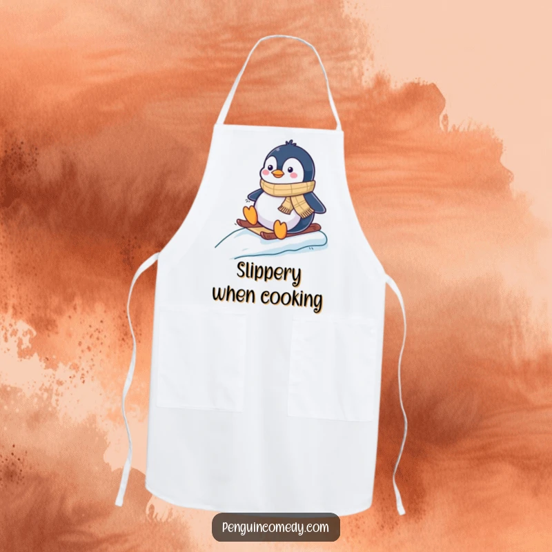 Funny apron depicting a happy penguin wearing a scarf, bravely sledding down a slick, icy slope while cooking.
