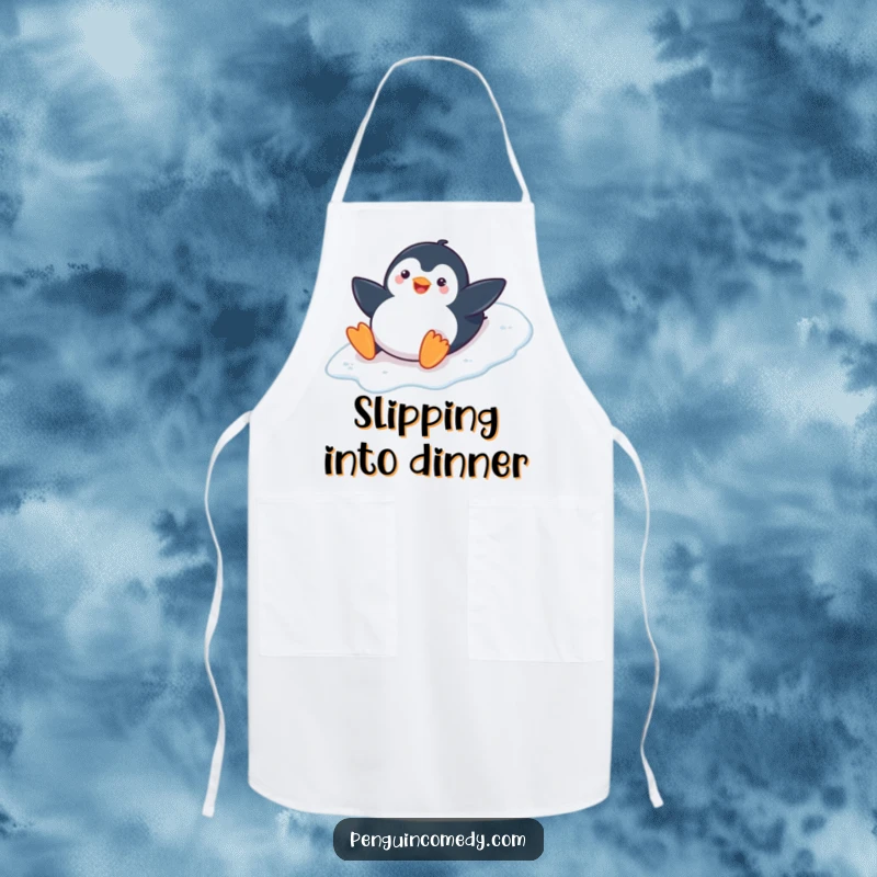 Funny Penguin Kitchen Apron: A playful penguin smiles, belly sliding down an icy slope, bringing winter fun to cooking, a practical and funny gift.