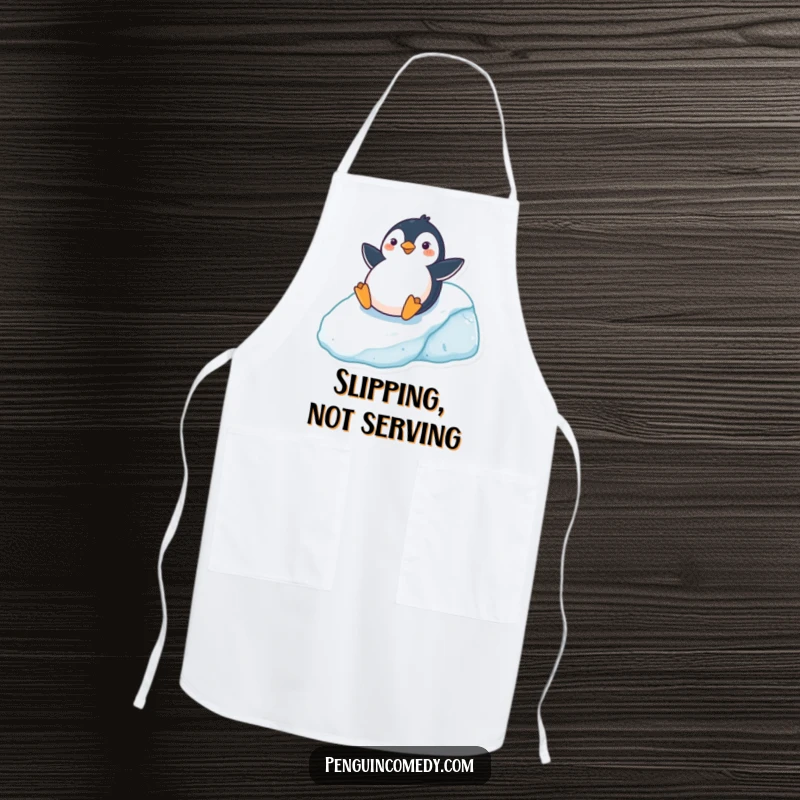 Funny Kitchen Apron depicting a cheerful penguin sliding down an icy hill, perfect for chefs and home cooks, a humorous funny gift.