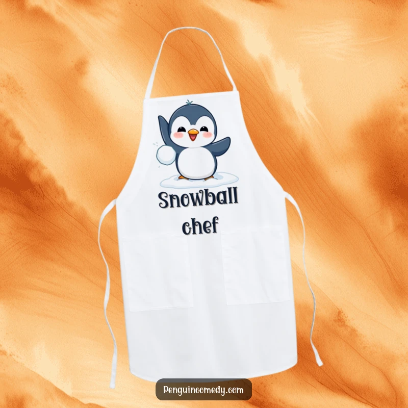 Funny apron with a penguin in a chef's hat, playfully throwing a snowball, perfect for adding humor to the kitchen.
