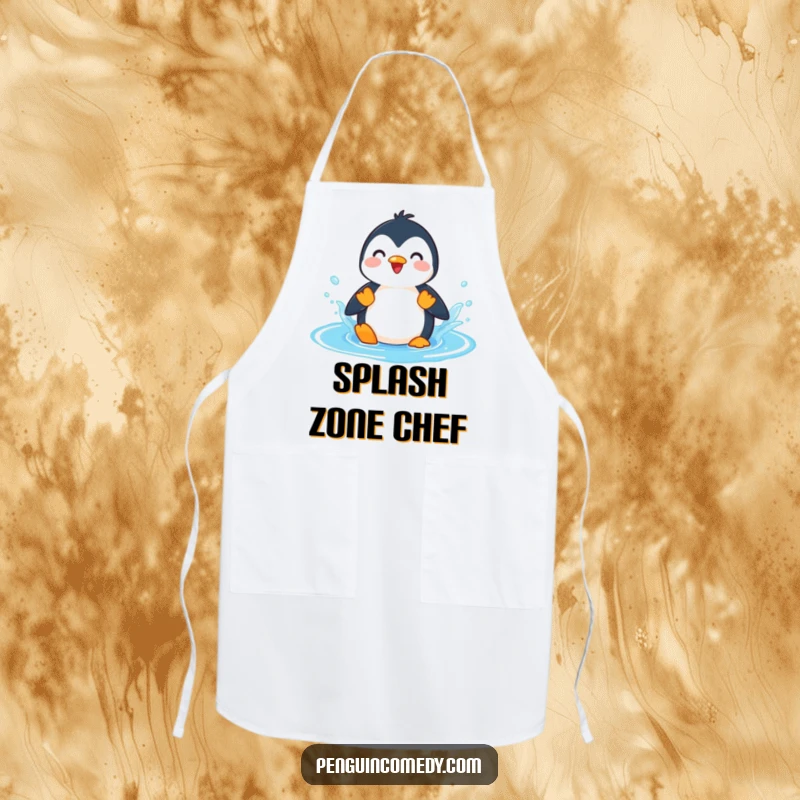 Funny Penguin Splashing Puddle Apron, a humorous kitchen garment with a penguin character joyfully splashing in water, suitable for playful chefs.