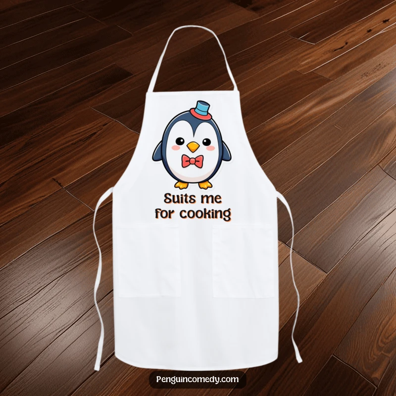 Funny penguin in a formal top hat and bowtie, depicted on a functional and humorous cooking apron.
