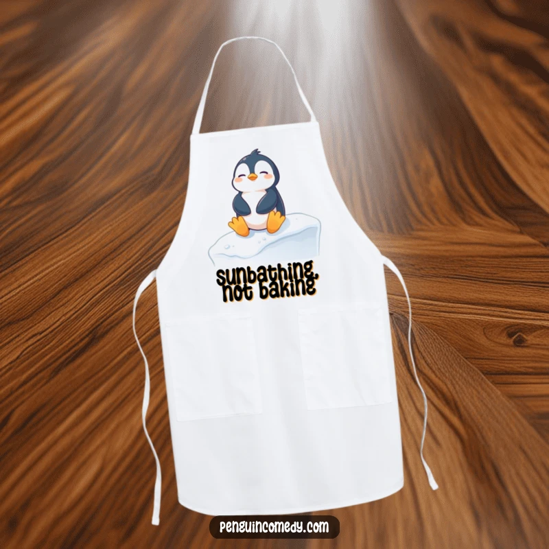 Funny penguin apron showing a content penguin sunbathing on a snowy ledge, adding hilarious winter charm to kitchen activities.