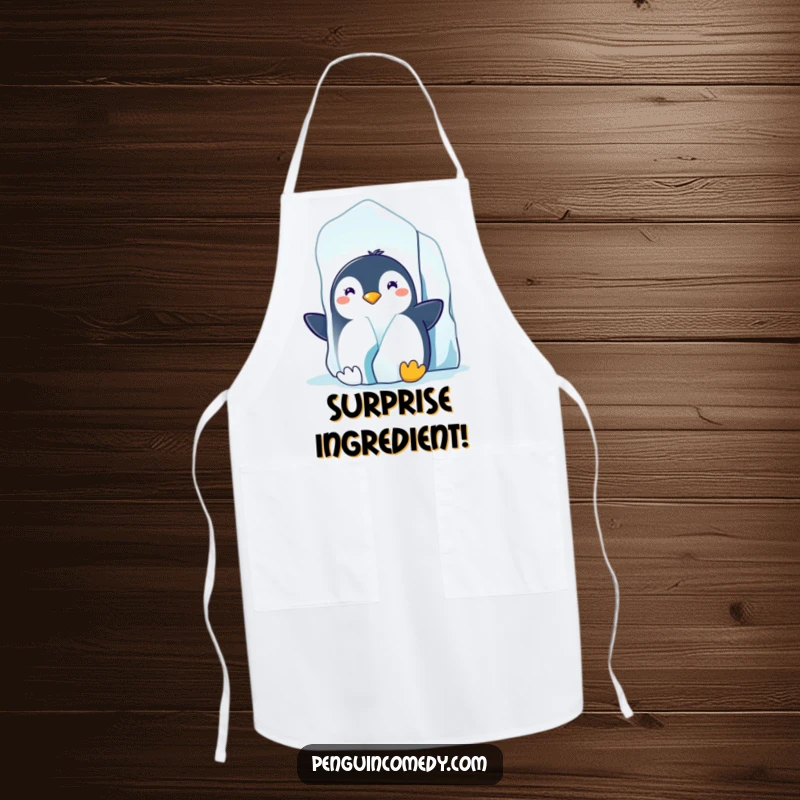 Funny apron showing a penguin with a sly grin peeking from behind a large iceberg in a chilly arctic environment.