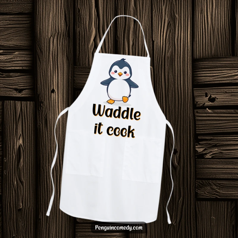 Funny penguin apron showing a cute penguin waddling with a happy stride, adding cheerful arctic humor to cooking.