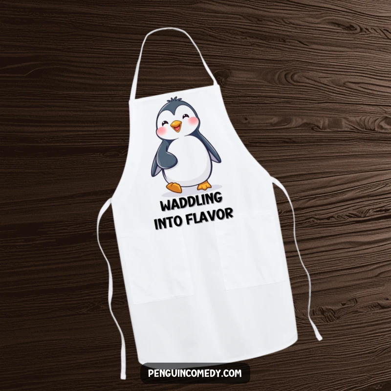 Funny Apron: A happy penguin character waddling with a determined stride, ready for kitchen adventures.