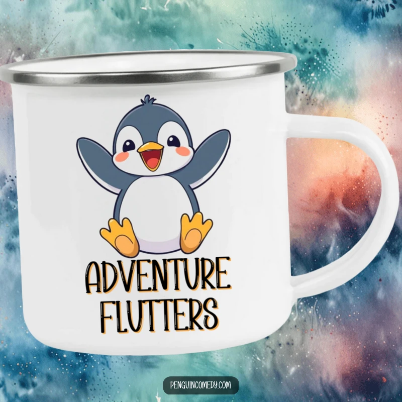 Funny Penguin Camping Mug: an excited penguin flapping its flippers, perfect for outdoor enthusiasm.