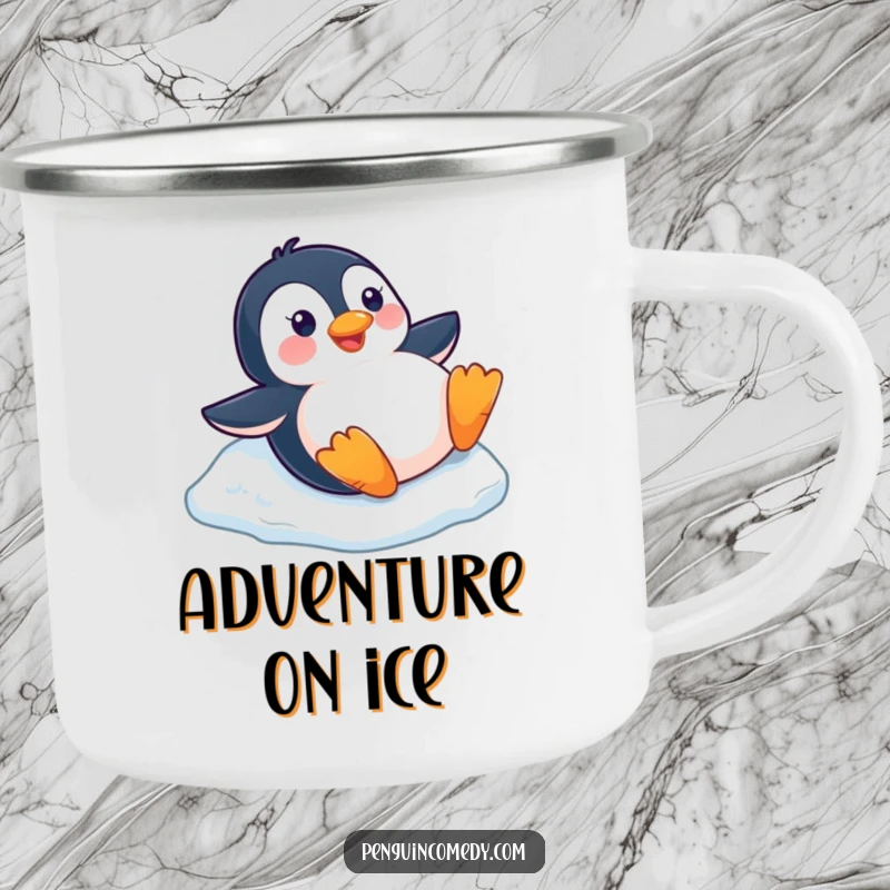 Funny happy penguin sliding down a small ice slope on its belly, printed on a durable camping mug.